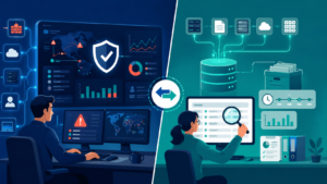 SIEM vs Log Management Tools hybrid workflow with storage platform feeding SIEM dashboards