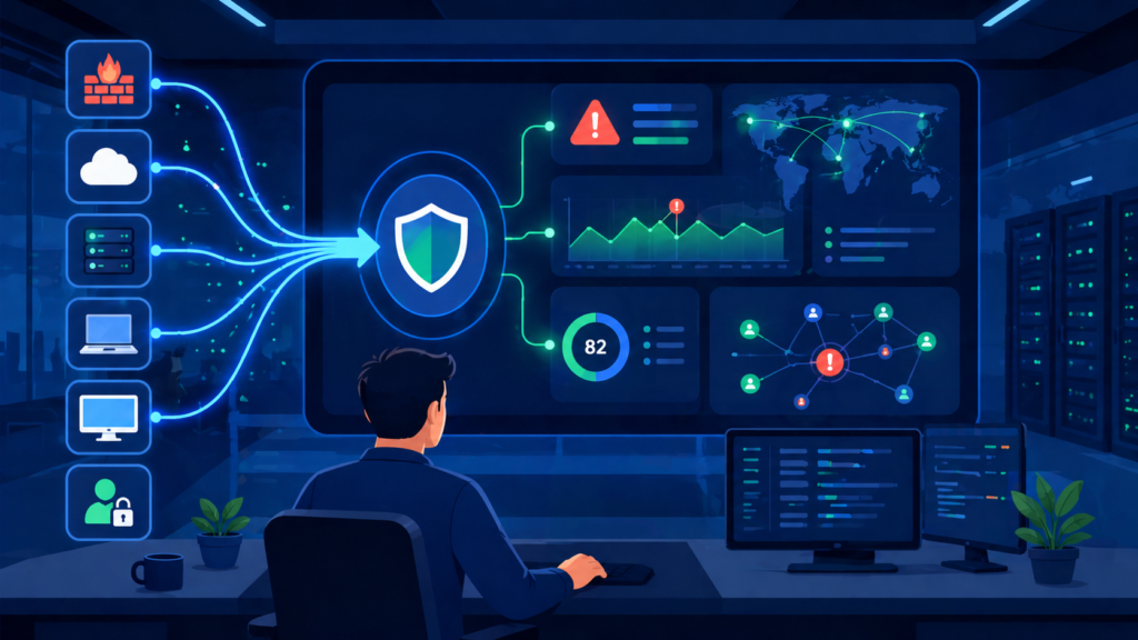 SIEM vs Log Management Tools dashboard showing data sources, alerts, and threat correlation center