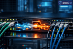 Network switch showing span port limitations oversubscription issues with fiber cables under heavy traffic load