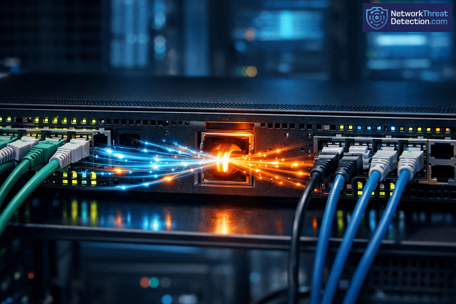 Network switch showing span port limitations oversubscription issues with fiber cables under heavy traffic load