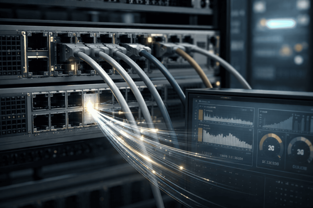 Server switch illustrating span port limitations oversubscription issues with fiber optic data flow, and a monitoring dashboard