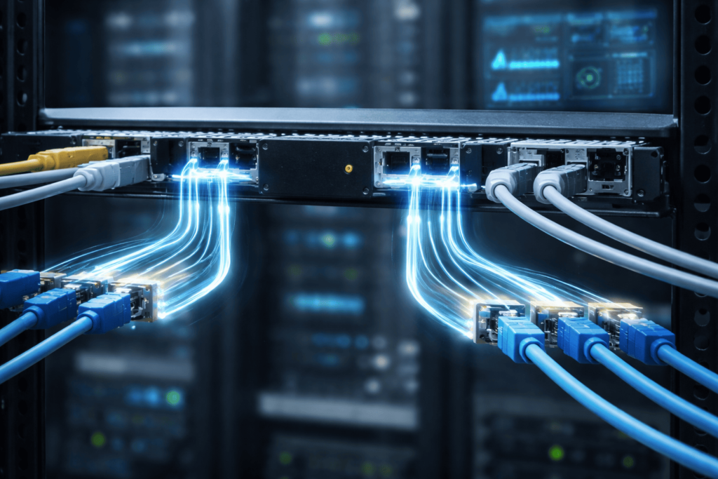 Data center switch demonstrating span port limitations oversubscription issues through multiple high-speed fiber connections