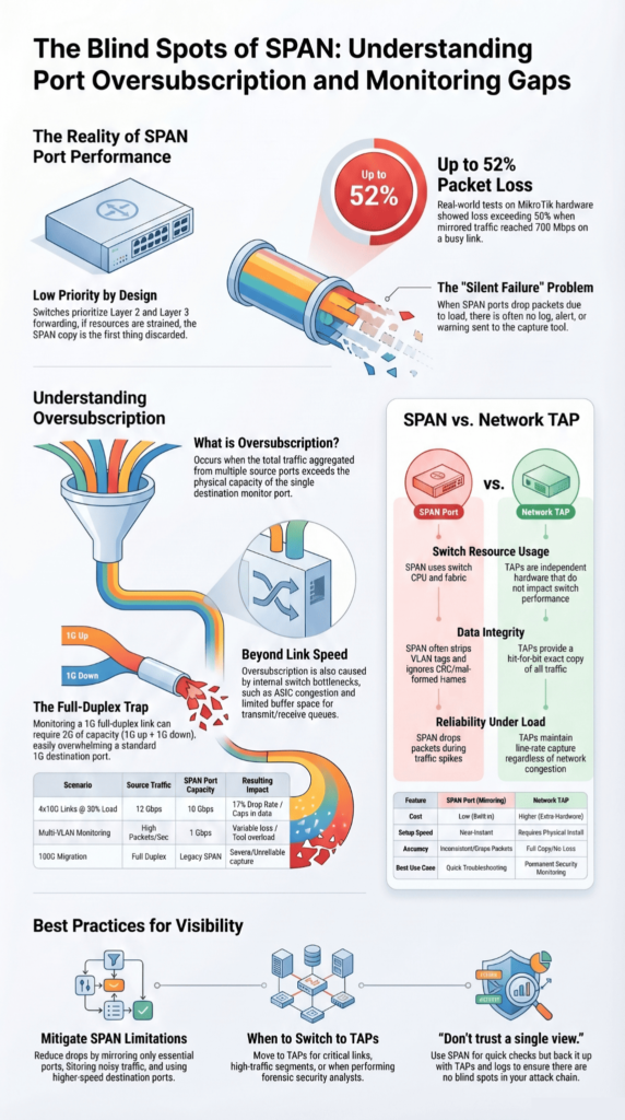 Infographic explaining span port limitations oversubscription issues, including packet loss statistics, and SPAN vs TAP comparison
