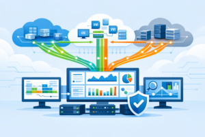 Virtual Network Taps (vTAPs) Cloud multi-cloud traffic streams feeding central security analytics dashboard