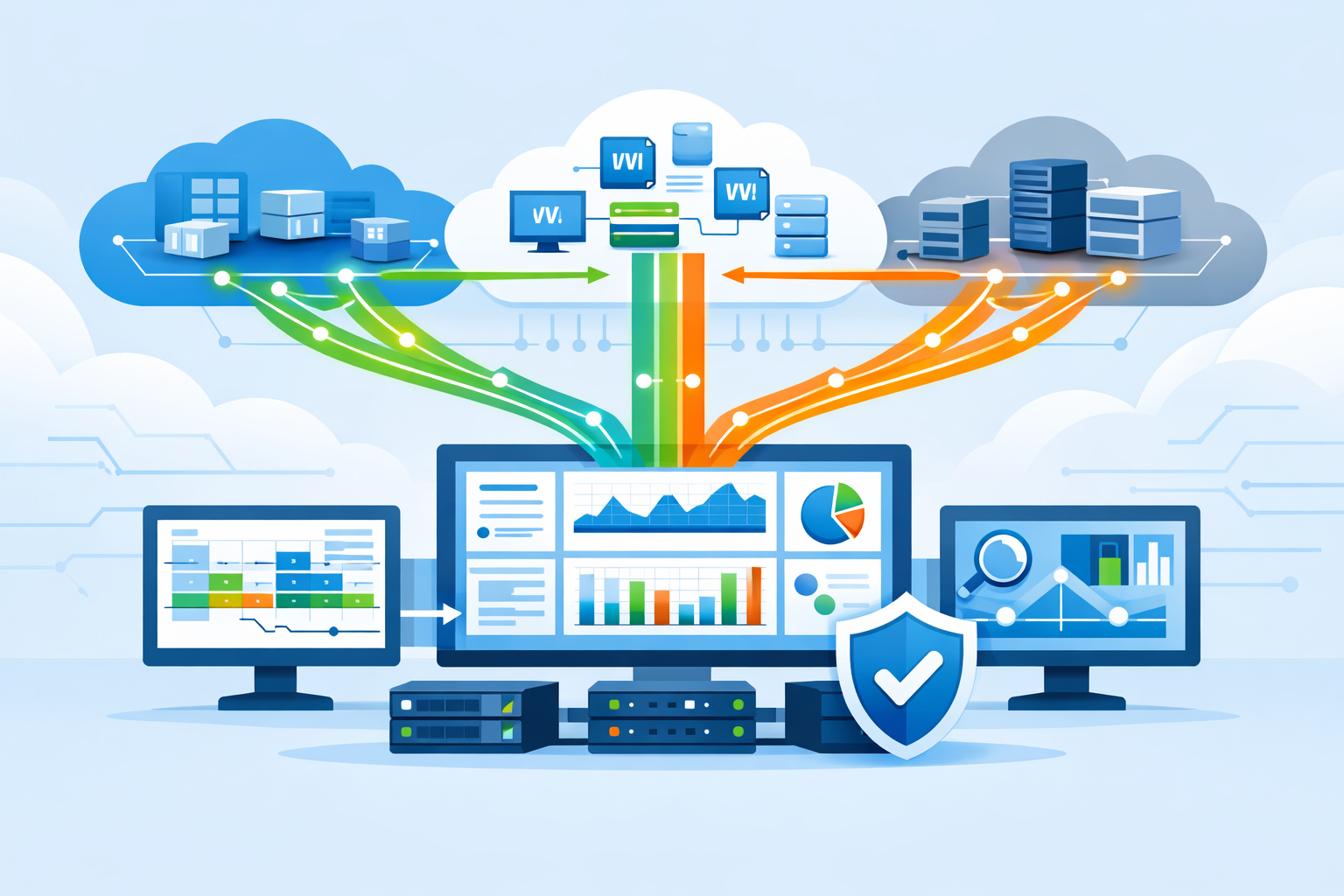 Virtual Network Taps (vTAPs) Cloud multi-cloud traffic streams feeding central security analytics dashboard