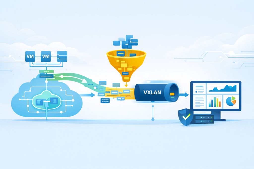Virtual Network Taps (vTAPs) Cloud workflow showing filtering VXLAN tunnel and traffic collector dashboard