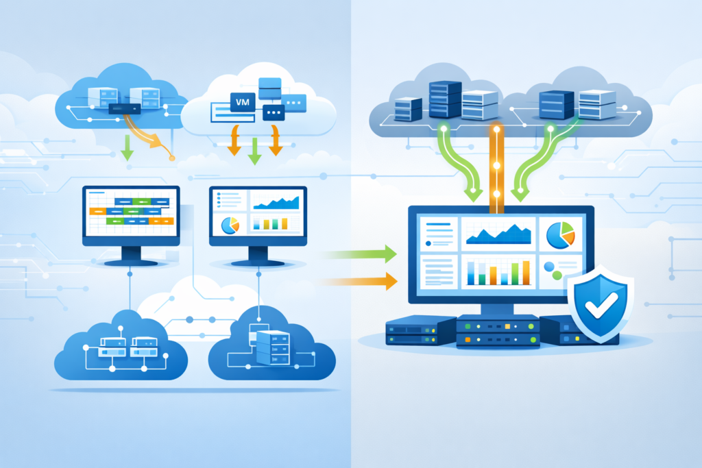 Virtual Network Taps (vTAPs) Cloud comparing native tools vs centralized multi-cloud monitoring dashboard