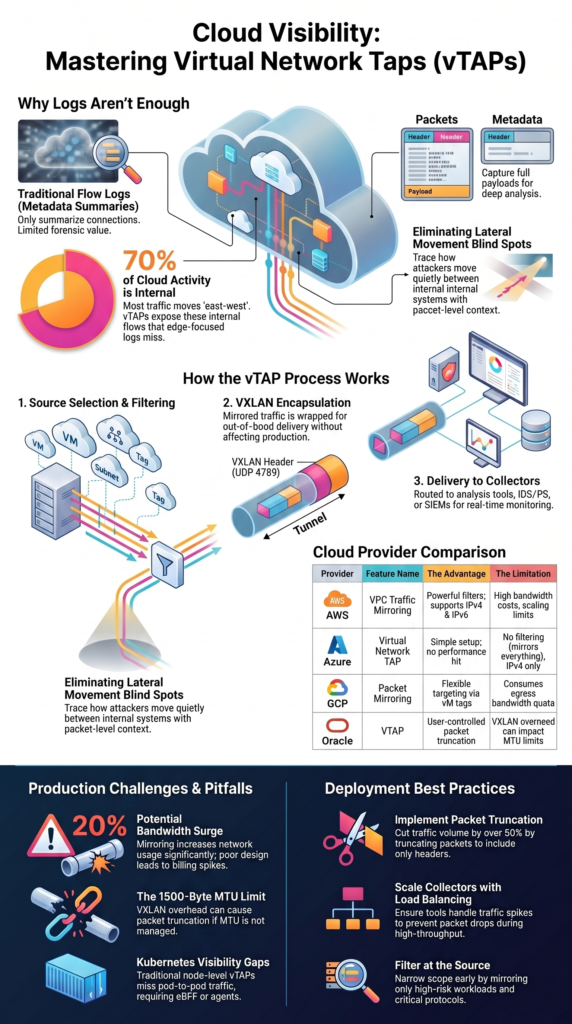 Virtual Network Taps (vTAPs) Cloud infographic with traffic mirroring workflow provider comparison and best practices