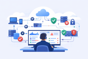 Analyzing VPC Flow Logs Security with cloud network diagram and analyst monitoring traffic flows