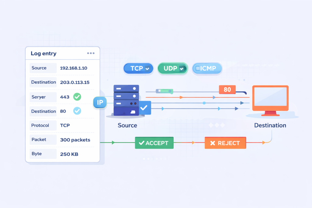 Analyzing VPC Flow Logs Security showing source destination data, ports, and ACCEPT REJECT flow decisions