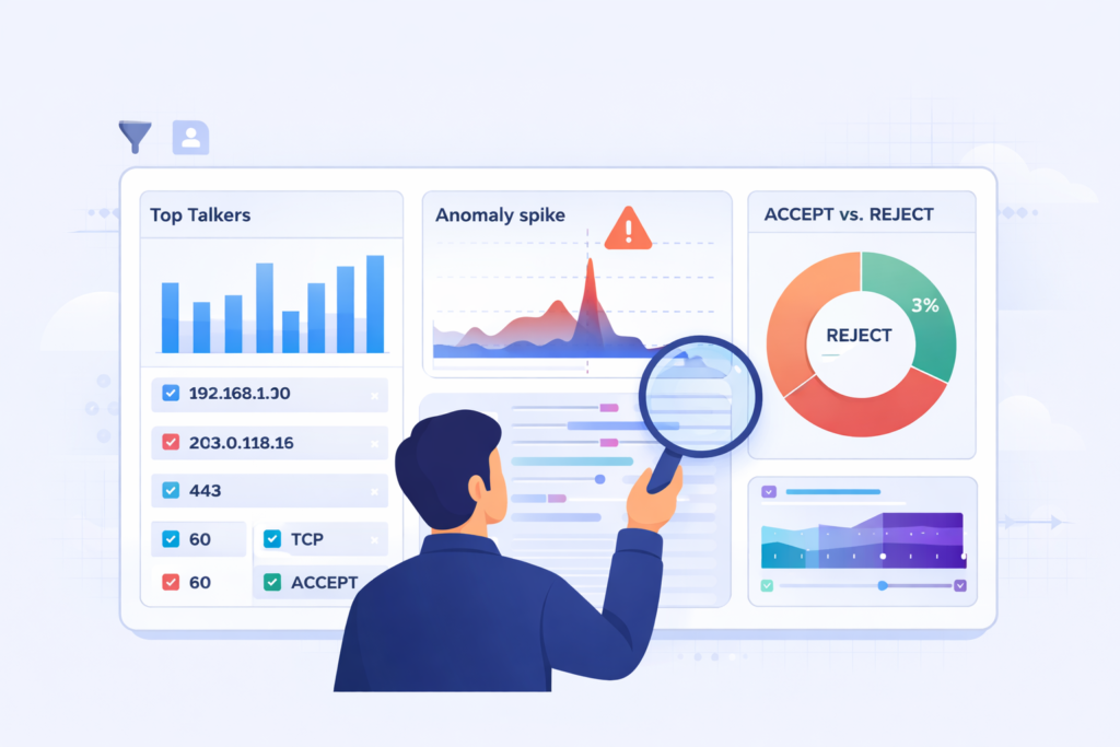 Analyzing VPC Flow Logs Security with analyst reviewing dashboard, anomaly spikes, and traffic insights