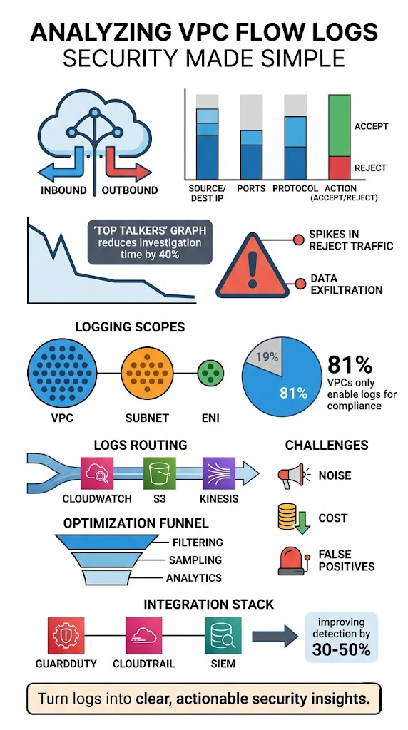 Analyzing VPC Flow Logs Security infographic showing traffic patterns, threats, and logging workflows in cloud environments