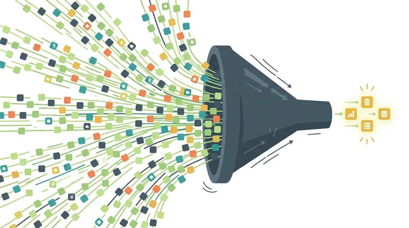 Data funneling into a filter to address challenges managing syslog data volume for better system insights. 
