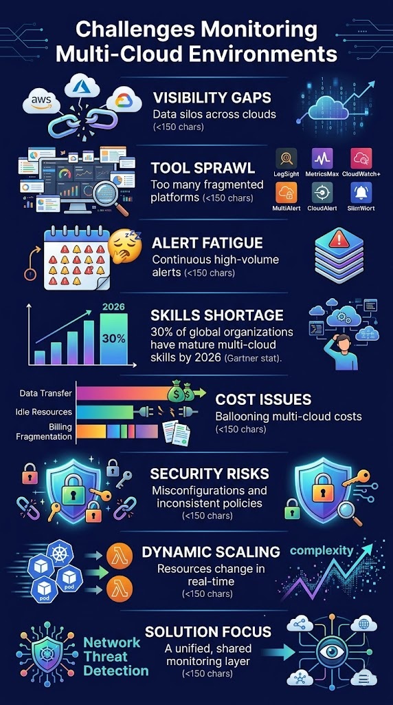challenges monitoring multi cloud environments infographic showing visibility gaps, tool sprawl, and cost issues