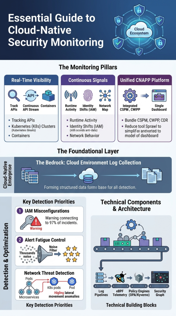 Cloud native security monitoring tools infographic showing monitoring layers, detection priorities, and architecture