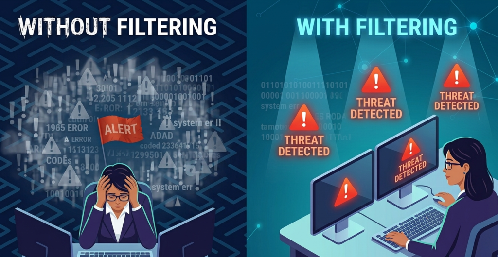 Comparison of analyst fatigue versus clear threat detection when filtering syslog messages effectively in a SOC.