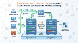 Diagram of high availability syslog setup showing load balancers and redundant servers for continuous logging. 