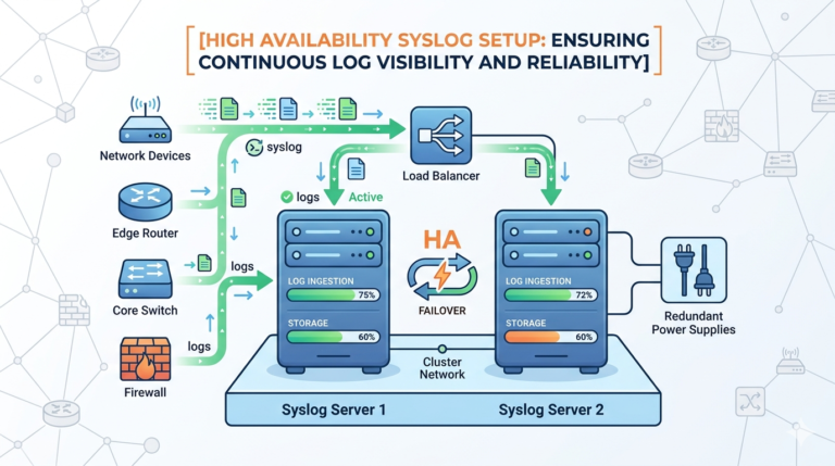 Diagram of high availability syslog setup showing load balancers and redundant servers for continuous logging. 