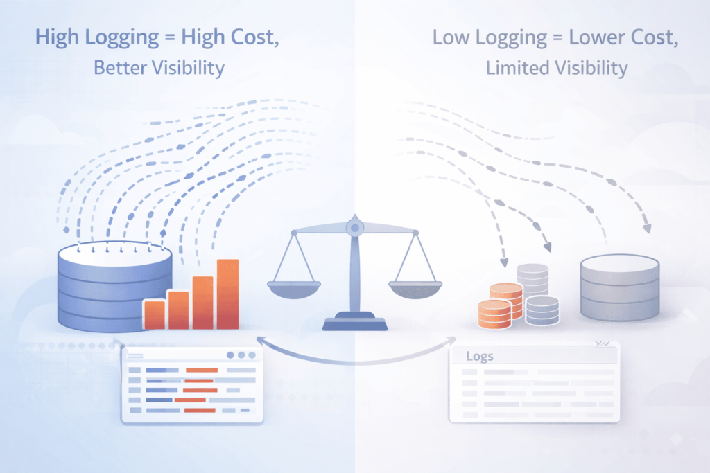 Serverless function logging security tradeoff: high logging increases cost and visibility, low logging reduces both.
