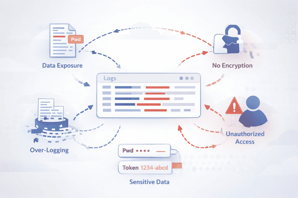 Diagram showing serverless function logging security risks, including data exposure, over-logging, and unauthorized access.