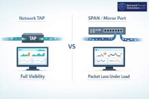 Network Taps vs. SPAN/Mirror Ports comparison showing full visibility from TAP and packet loss from SPAN under load.