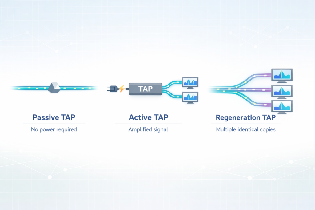 Network Taps vs. SPAN/Mirror Ports, three TAP types shown: Passive, Active with amplified signal, and Regeneration for multiple copies.