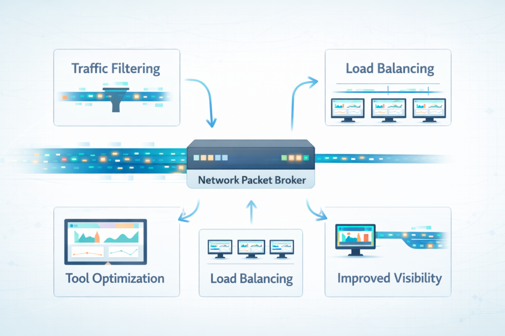 Network Packet Broker diagram illustrating traffic filtering, load balancing, tool optimization, and improved visibility functions.