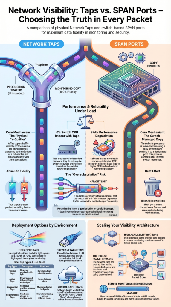 Network Taps vs. SPAN/Mirror Ports infographic comparing performance, fidelity, deployment options, and visibility architecture.