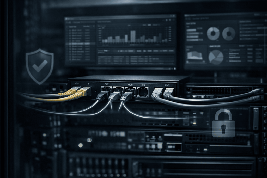 Network tap deployment advantages visibility with labeled IN OUT MON ports on a rack-mounted TAP device
