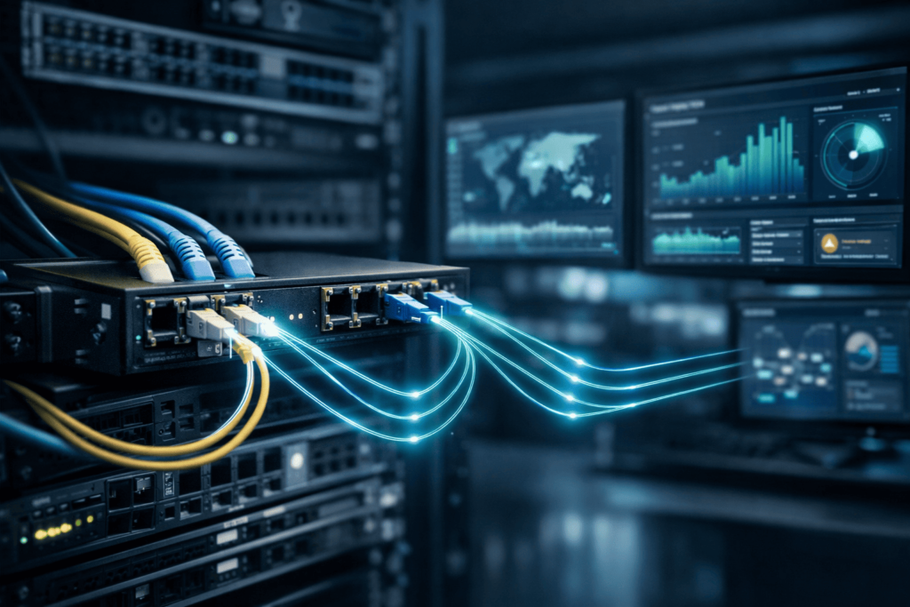 Network tap deployment advantages visibility demonstrated via the patch panel, sending data to monitors
