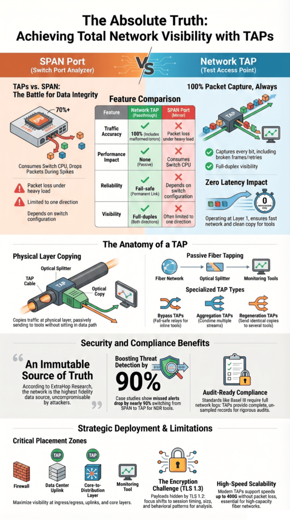 Infographic explaining network tap deployment advantages visibility, comparing TAP vs SPAN port features