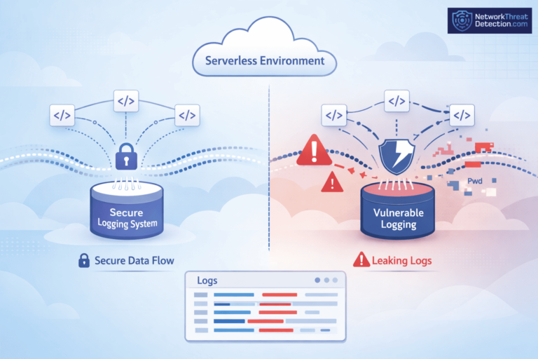 Serverless function logging security comparison between a secure data flow system and a vulnerable, leaking logs environment.