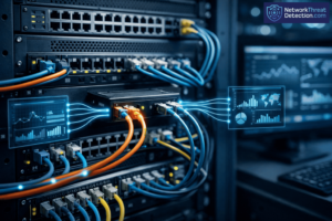 Server rack showing network tap deployment advantages visibility through glowing data flow overlays