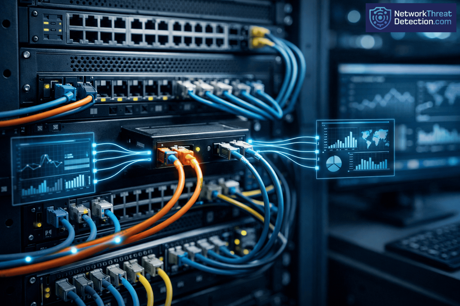 Server rack showing network tap deployment advantages visibility through glowing data flow overlays