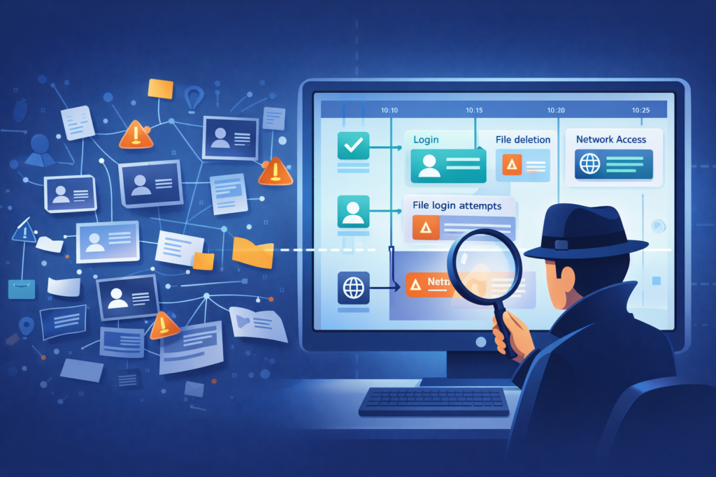 Digital investigation highlighting critical security logs to collect with timeline of login, file, and network events