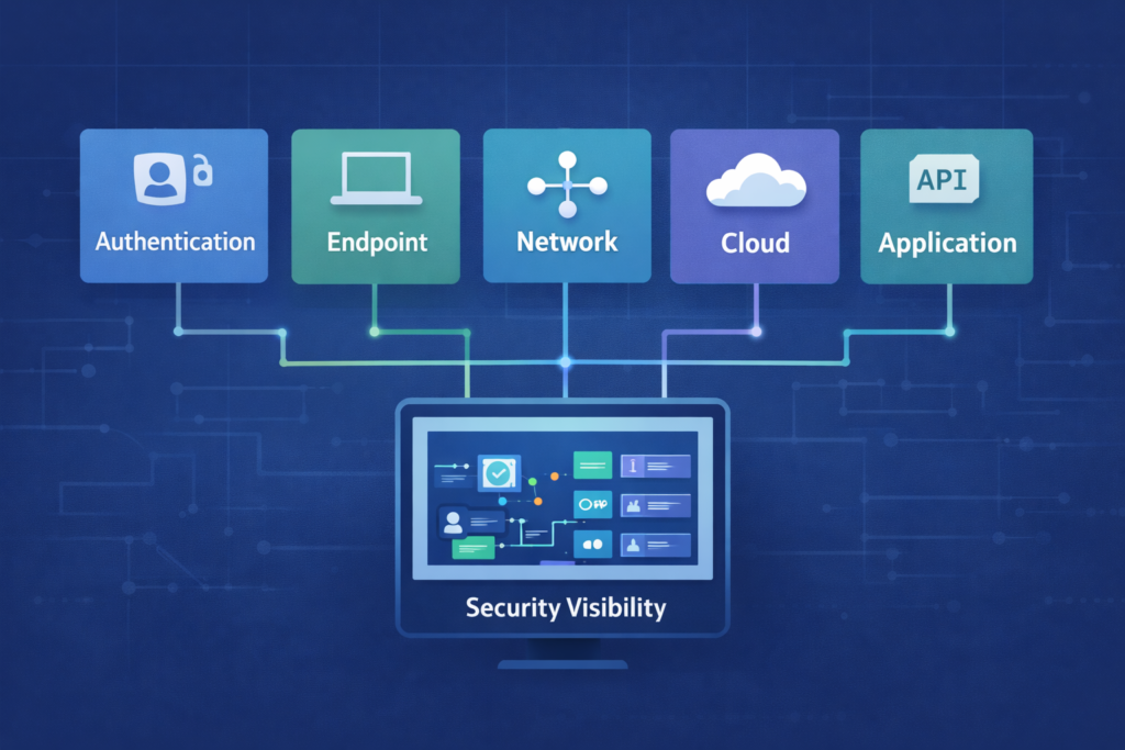 Critical security logs to collect shown as authentication, endpoint, network, cloud, and application feeding a central dashboard