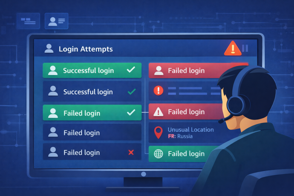 Critical security logs to collect visualized through login attempts highlighting failed access and unusual location alerts 