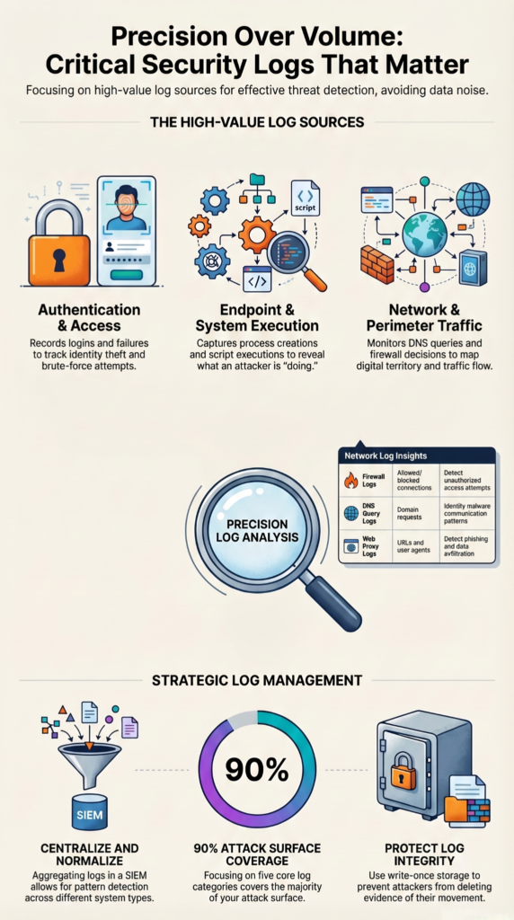 Infographic showing critical security logs to collect across authentication, endpoint, and network categories