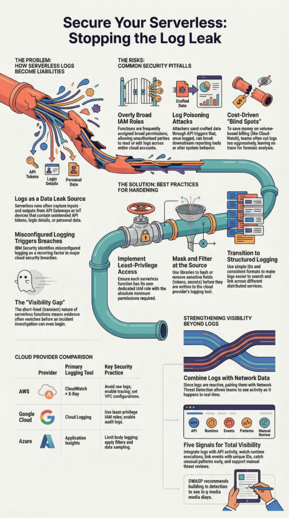 Infographic on serverless function logging security best practices to stop log leaks and protect sensitive cloud data.