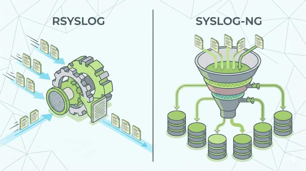 2D vector of Understanding Syslog Protocol and Configuration with logs flowing from nodes to a server. 