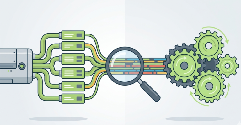A clean 2D vector split-screen graphic for a syslog ng vs rsyslog comparison blog header.