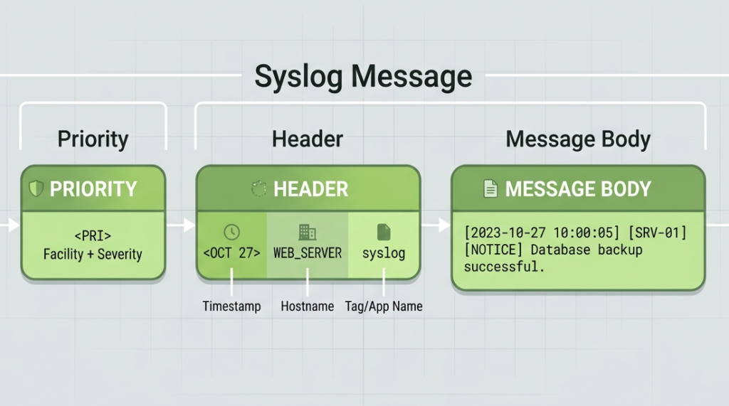 Technical diagram of a syslog message format severity levels structure including priority, header, and body. 