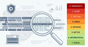 Magnifying glass decoding data next to a color-coded syslog message format severity levels vertical bar. 