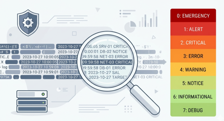 Magnifying glass decoding data next to a color-coded syslog message format severity levels vertical bar. 