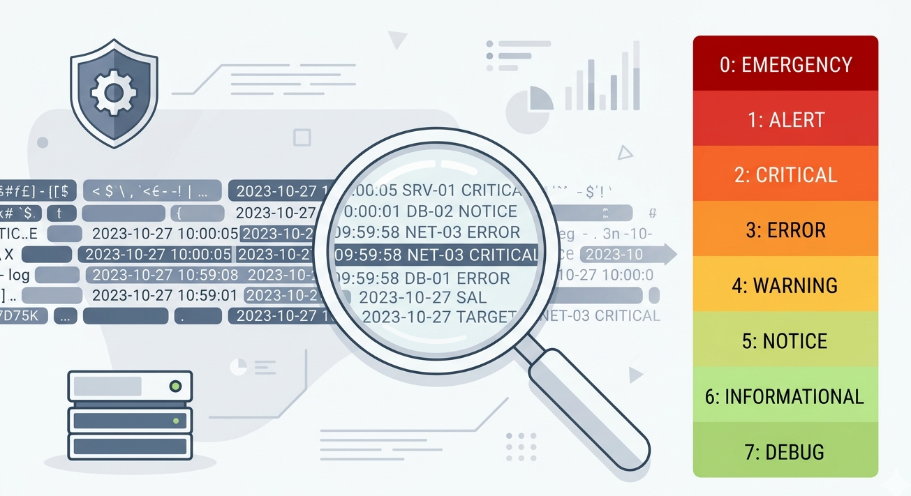 Magnifying glass decoding data next to a color-coded syslog message format severity levels vertical bar. 