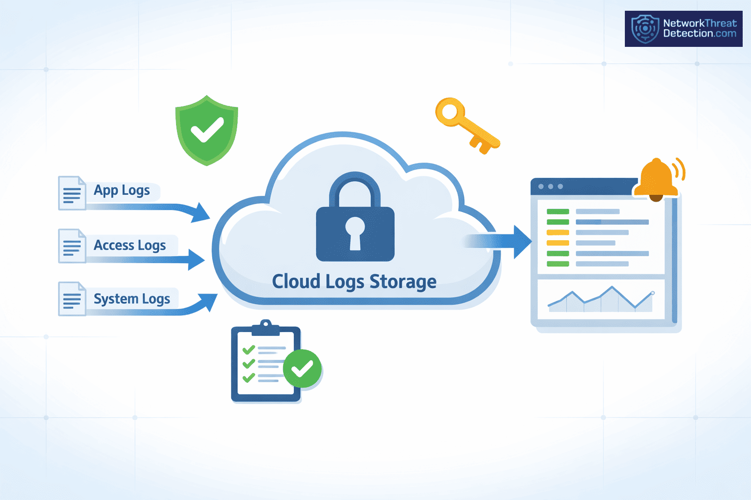 Securing cloud storage logs by centralizing app, access, and system logs in encrypted cloud storage with monitoring alerts.