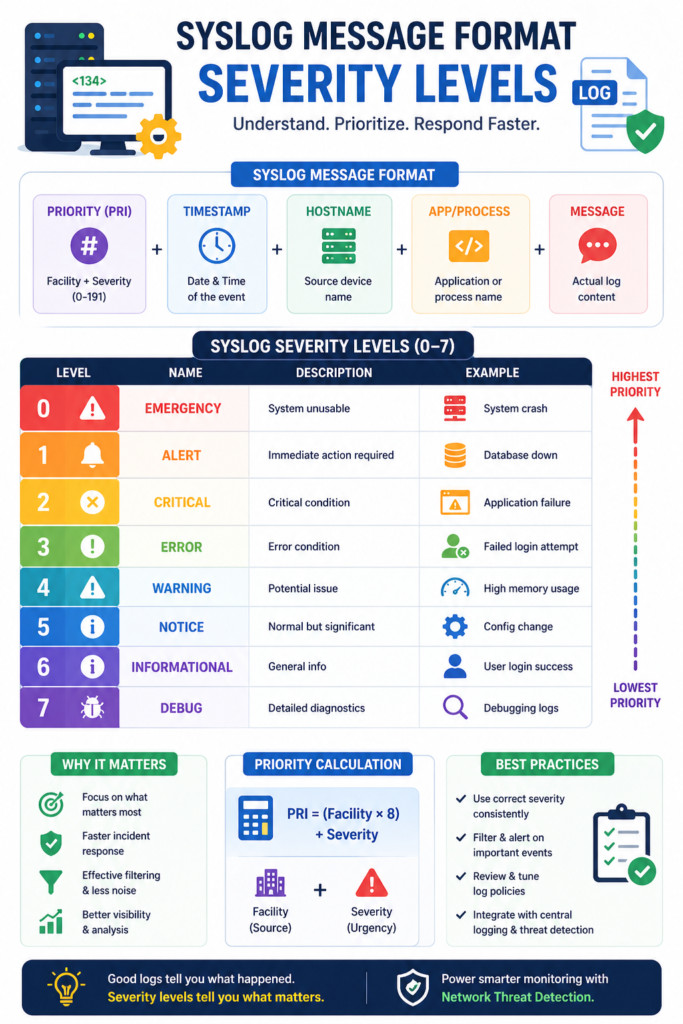 Syslog message format severity levels chart showing 0-7 priority, from emergency to debug logs. 