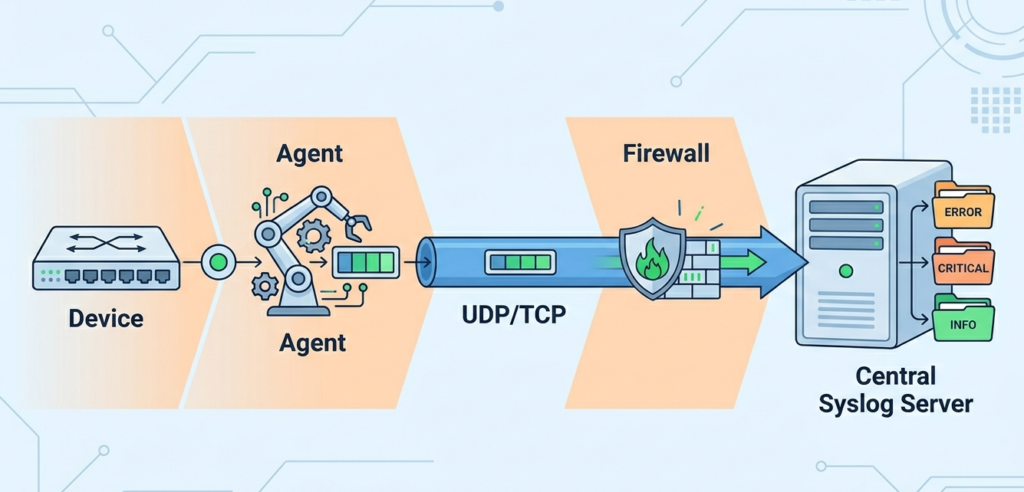 2D vector showing how configuring devices send syslog messages transforms raw logs into actionable security data. 