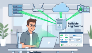 Network admin at a laptop configuring devices send syslog messages to create a reliable log source for monitoring. 