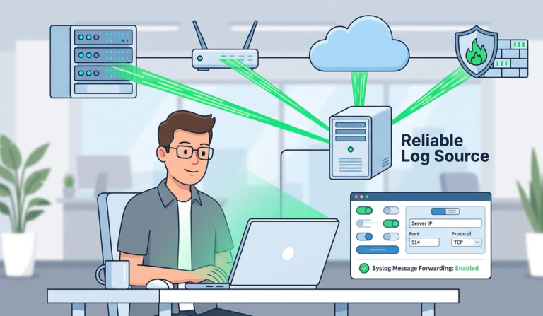 Network admin at a laptop configuring devices send syslog messages to create a reliable log source for monitoring. 